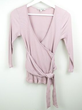 Express One Eleven Rib Knit V-Neck Faux Wrap Tie Front 3/4 Sleeve Top Pink S